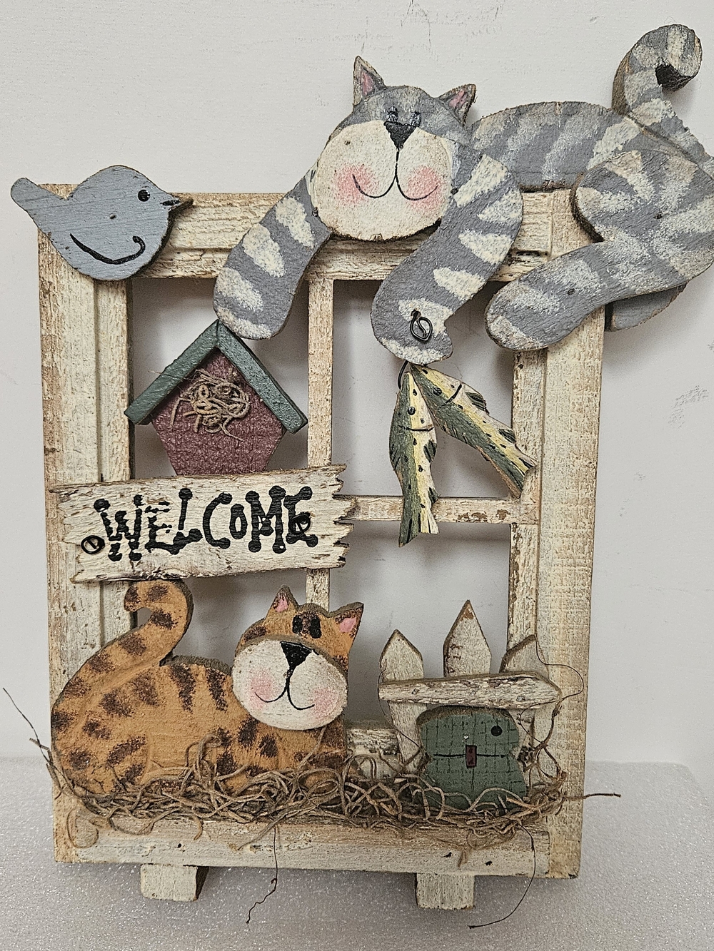 Welcome Cat Window Wall Decor in Gray, Cream, and Brown
